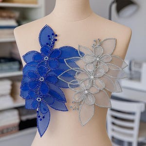 3D Strass Blumen Applikation: Perlen Spitzen Aufnäher für Braut Design 28,5 x 18 cm, 1-5Stk