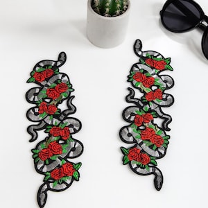 Snake and Rose Embroidered Patch Pair – Gothic Iron On Appliqué, Red Rose Snake Patch for Jacket, Jeans, Backpack, Clothes Decoration