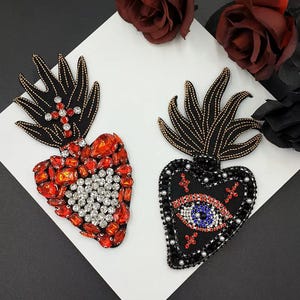 Black Rhinestone Evil Eye Patch: Gothic Sacred Heart Sew-On Embellishment