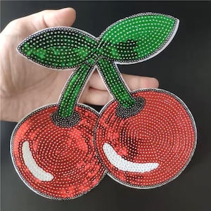 1pcs, Cherry Patch, Sequin Embroidered Cherries, Iron On Patch, Patch for Jacket, Clothes Badge, Sew On or Iron On, Fruit Patch, Cool Patch