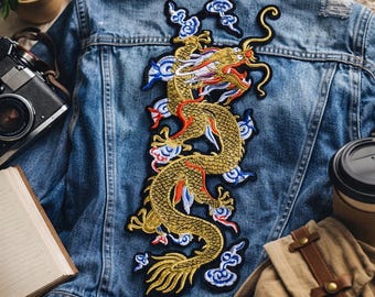 Large Embroidered Dragon Patch: Iron-On Asian Applique (15.7x6.7") - 1pcs