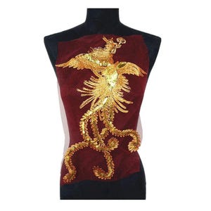 Gold Phoenix Style Patches Red Mesh Applique with Sequins and Embroidery, Lace Applique, Peacock Beaded Applique, Gold Embroidered Applique