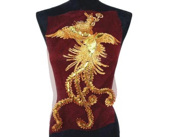 Gold Phoenix Style Patches Red Mesh Applique with Sequins and Embroidery, Peacock Beaded Applique, Gold Embroidered Applique 40x24cm - 1pcs