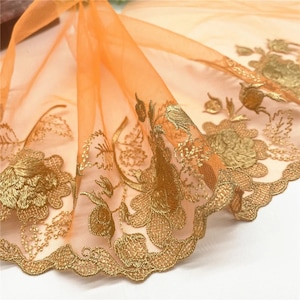 Orange Embroidered Floral Lace Trim: Gold Net Eyelash Stretch Fabric (3 Yards)