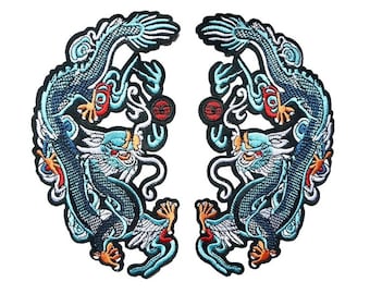 Blue Dragon Embroidered Appliques: Chinese Sew-On Patches (2pcs)