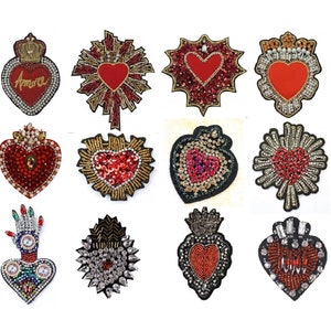 EMDOMO Beaded Milagro Heart Patches Flaming Sacred Heart Applique Mexican Folk Art Applique Decor Clothes Badges Sew On Patches Handmade DIY 2pieces (N