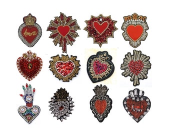 1pc Beaded Heart Patches, Mexican Folk Art Applique Decor Clothes Badges Sew on Patches Handmade DIY, Decorative Applique Patches