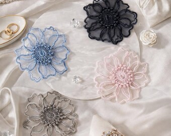 Organza Flower Applique Set 5pcs, Sheer Floral Patch, Bridal Lace DIY Dress Bag Decor