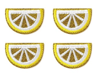 Set of 5 Lemon Embroidered Iron On Patches, Glitter Citrus Slice Applique for Hats, Jackets, Bags, 3.1x4.6cm