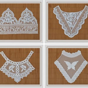 Op de afbeelding: Vier witte kanten kragen en een bh-top worden getoond tegen een bruine achtergrond. De kanten ontwerpen omvatten bloempatronen, geometrische vormen en een vlindermotief. De kragen variëren in vorm en grootte.