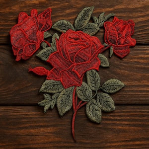 Embroidered 3D Red Rose Applique: Floral Sewing Patch