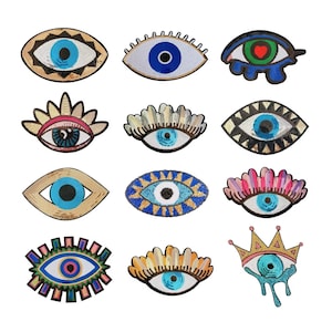 May include: Twelve colorful evil eye patches with various designs and colors. The patches are made of sequins and fabric. They are perfect for adding a touch of whimsy to any project.
