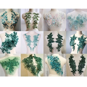 May include: Assortment of green and white floral lace appliques for sewing and crafting projects. The appliques are made of delicate lace and feature intricate floral designs.