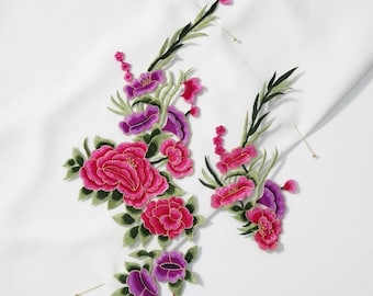 Conjunto de apliques bordados de peônias grandes, aplique floral para costurar, emblema de flor rosa, decoração para vestido