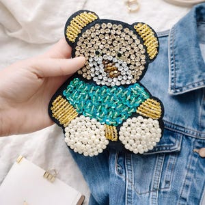 Beaded Crystal Teddy Bear Patch: Rhinestone Animal Applique 15x12.5cm, 1pcs