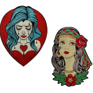 May include: Two embroidered patches. The left patch is heart-shaped with a blue-haired figure crying red droplets, wearing a red top with a heart emblem. The right patch depicts a figure with dark hair, a green headscarf, a red rose, and a red flower.