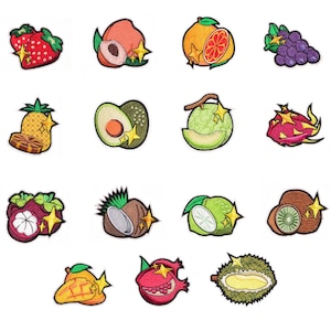 Könnte beinhalten: Eine Sammlung gestickter Flicken mit Früchten wie Erdbeeren, Pfirsichen, Orangen, Trauben, Ananas, Avocados, Cantaloupe, Drachenfrucht, Mangostan, Kokosnüssen, Limetten, Kiwis, Mangos, Granatäpfeln und Durian. Jeder Flicken hat einen Stern.