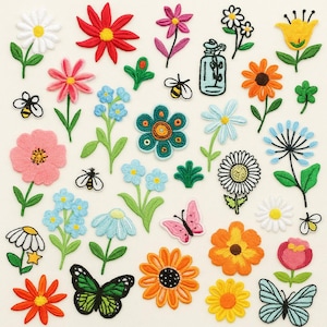 May include: An assortment of embroidered floral patches in a range of colours, including red, pink, orange, yellow, blue, and white. The patches depict various flower types, bees, and butterflies, all with black outline details. The patches are set against a cream-coloured background.