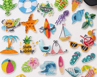 Parches termoadhesivos bordados hawaianos: Juego de 31 apliques tropicales