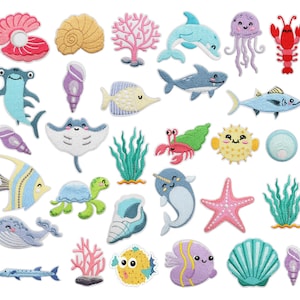 May include: A collection of embroidered patches featuring various sea creatures and marine elements. Includes a pink seashell, a yellow seashell, a pink coral, a blue dolphin, a purple jellyfish, a red lobster, and more.