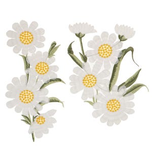 May include: Two embroidered patches featuring white daisies with yellow centres and green stems. The daisies are arranged in a cluster and have a delicate, vintage look.