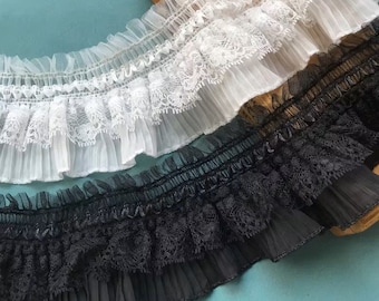 Black Ruffle Pleated Elastic Lace Trim: 2.9" Tutu Dress Trim