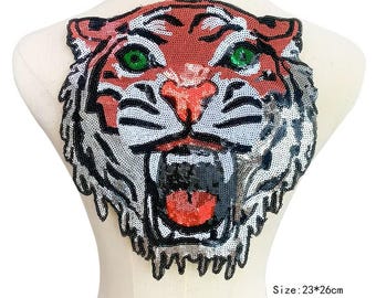 大きなスパンコールのタイガーヘッドパッチ：アイロン刺繍モチーフ