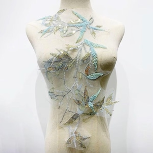 Blue Bamboo Leaf Lace Applique: Sequin Beaded Fabric 43x30cm, 1pcs