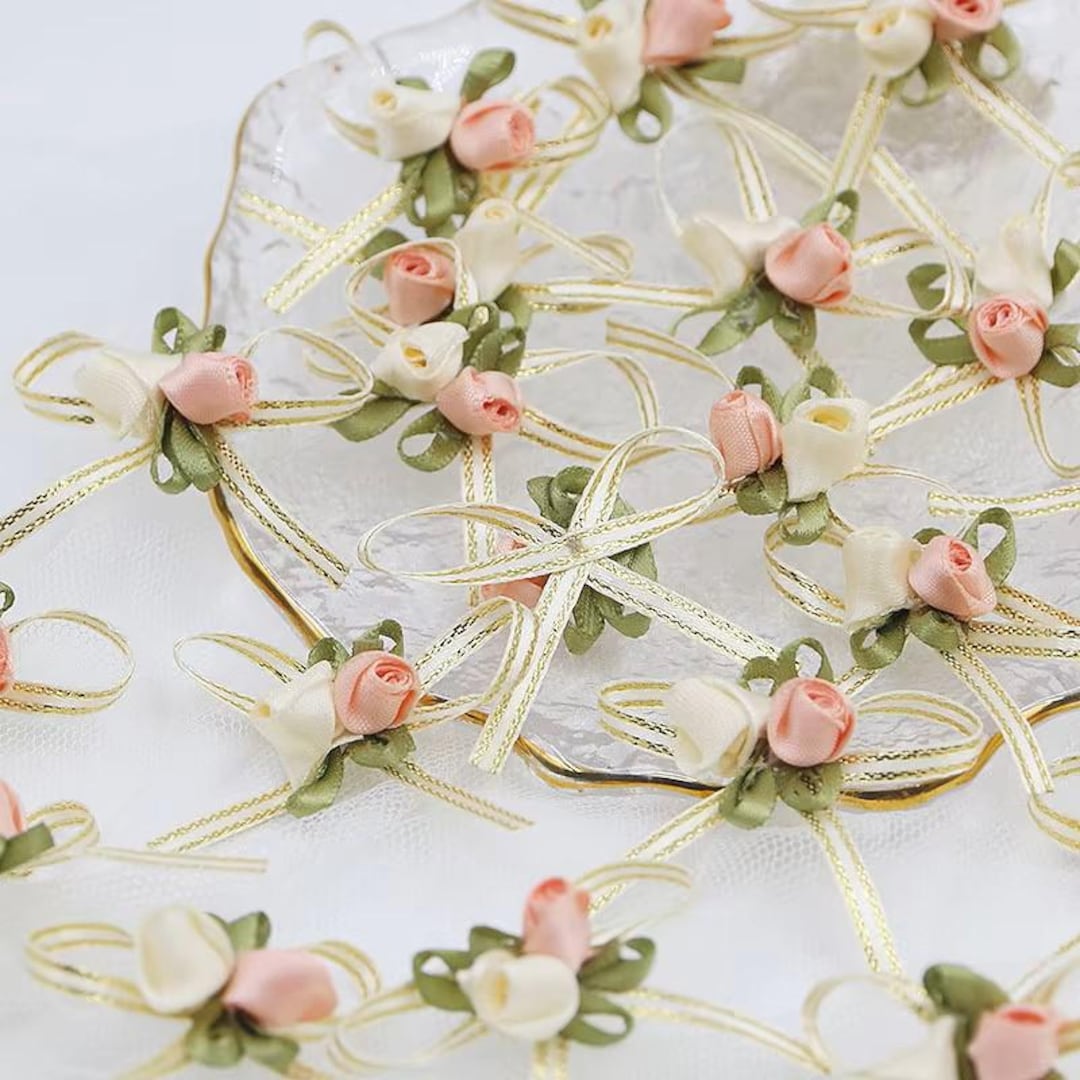 Silk Ribbon Mini Roses Mini Satin Rose Appliques: Silk Ribbon Flowers With Leaves (50pcs) - Etsy