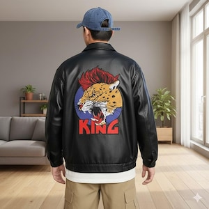 Roaring Leopard Back Patch Black Leather Biker Jacket - Custom Embroidered Rocker Vest - Unique Streetwear Gift for Him