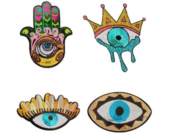 Set Evil Eye Patch, Sequin Eye Patch, Eye Denim Patch, Sparkling Eye Applique for T-Shirt, Embroidered Eye Applique, Sequin Evil Eye Patch