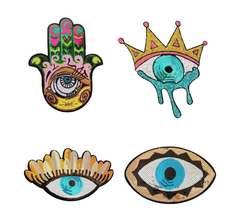 May include: Four decorative patches with eye and hand designs. The patches feature sequins in various colors, including blue, gold, pink, and green. One patch is a Hamsa hand, and another is a crown with an eye.