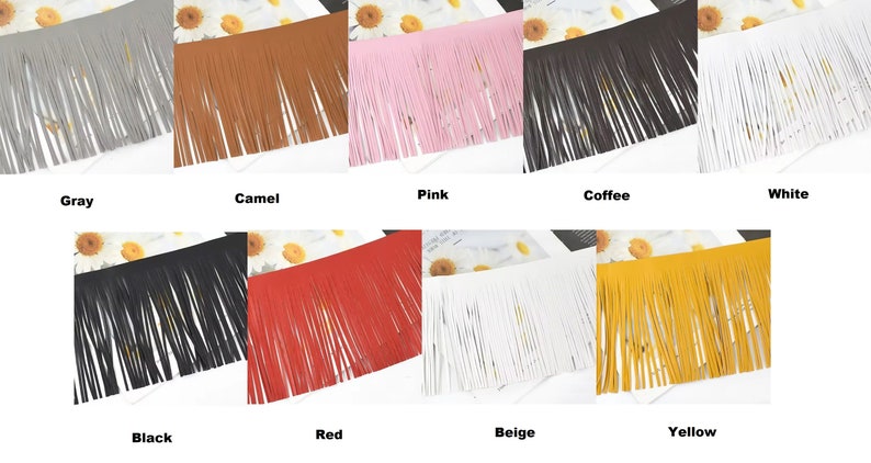 Pu&ograve; includere: Assortimento di dieci colori di passamaneria a frangia in similpelle. I colori sono grigio, cammello, rosa, caff&egrave;, bianco, nero, rosso, beige, giallo e bianco. La frangia &egrave; larga circa 1 pollice.