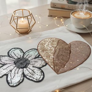 Glitter Sequin Applique 22cm | Heart / Flower Patch | DIY Clothing Iron-On Patch, 1pcs