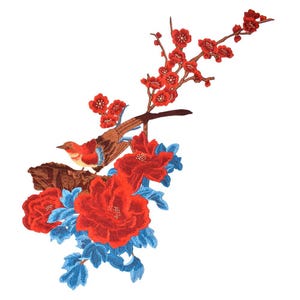 May include: Embroidered applique featuring a red bird perched on a branch with red blossoms and blue leaves.