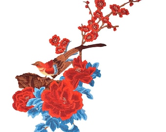 Large Bird and Flowers Embroidered Applique: Floral Fabric Patch (72cm x 31cm), 1pcs