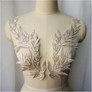 Pair of Ivory Embroidery Leaves Leaf Lace Fabric, Embroidered Sequin Patches, Beaded Leaves, Leaf applique, Dress Applique, Cloth Patch