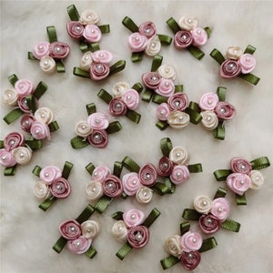 20-100pcs Satin Rose Flowers Patches with Leaves - Silk Appliques for Wedding Crafts and Sew On Flowers Patches - Small Ribbon Roses