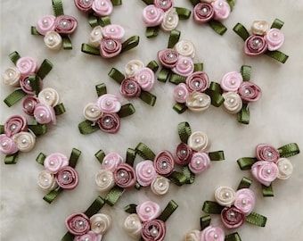 Satin Rose Flower Appliques with Leaves: Wedding Craft Ribbon Roses, 20-100pcs
