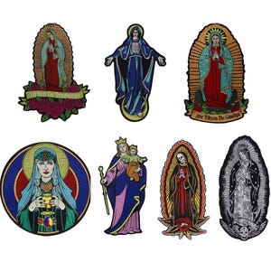 May include: A collection of six embroidered patches featuring religious iconography, including various depictions of the Virgin of Guadalupe, a figure holding a child, and a skeletal figure, all rendered in vibrant, detailed thread work.