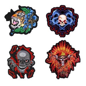 Grande toppa posteriore ricamata, applicazione termoadesiva con teschio e tigre, stile motociclista gotico, 1 pezzo