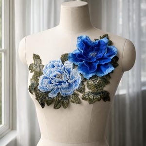 Blue Peony Embroidered Patch, Large Flower Applique, Sew On Wedding Dress (26x36cm)