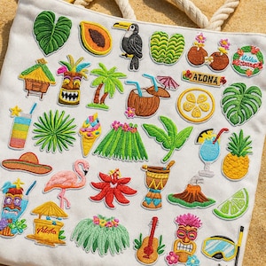 Hawaiian Embroidered Iron-On Patch Set: Tropical Aloha Appliques - 32 Piece