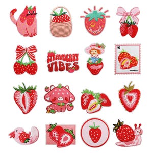May include: A collection of embroidered patches featuring strawberry designs. The patches include a cat, strawberries in a basket, a strawberry with the word "Sweet", strawberries with a bow, and more. The patches are in shades of red and pink.