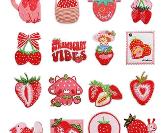 16pcs Strawberry Embroidered Patch, Strawberry Iron on Patch, Cute Badge Appliques for Jackets, Backpacks, and Bags, Badges for Children