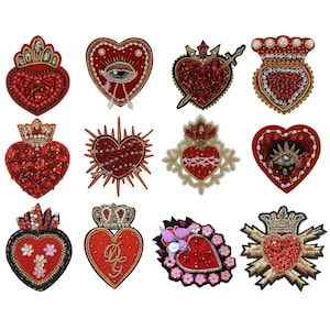 1pc Heart Applique Patches, Rhinestone Sequined Sew on Patches, Red Beaded Patches for Clothing, Decorative Parches, Heart Applique