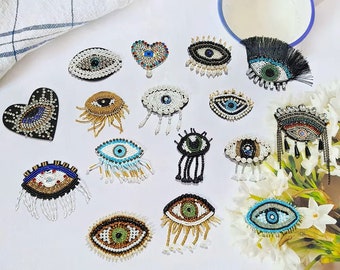 Evil Eye Patch: Rhinestone Beaded Applique, Embroidered Sew-On Patch