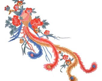 Aplique bordado de fénix grande: parche decorativo para coser (72 x 28 cm, 1 unidad)