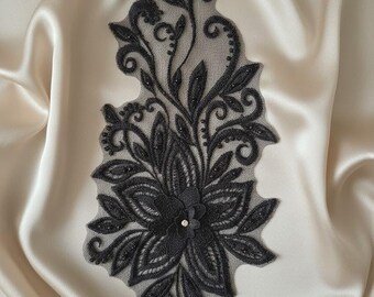 Black Floral Lace Applique Patch 36.2×21 cm – Embroidered Sewing Applique for Dress, Costume, Bridal Decor, Fabric Embellishment, 1pcs
