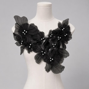 Organza Flower Applique 3D Rhinestone Floral Patch 40.5x36cm, Bridal Dress Bodice Lace Decoration, Hand Embroidered 1Pc